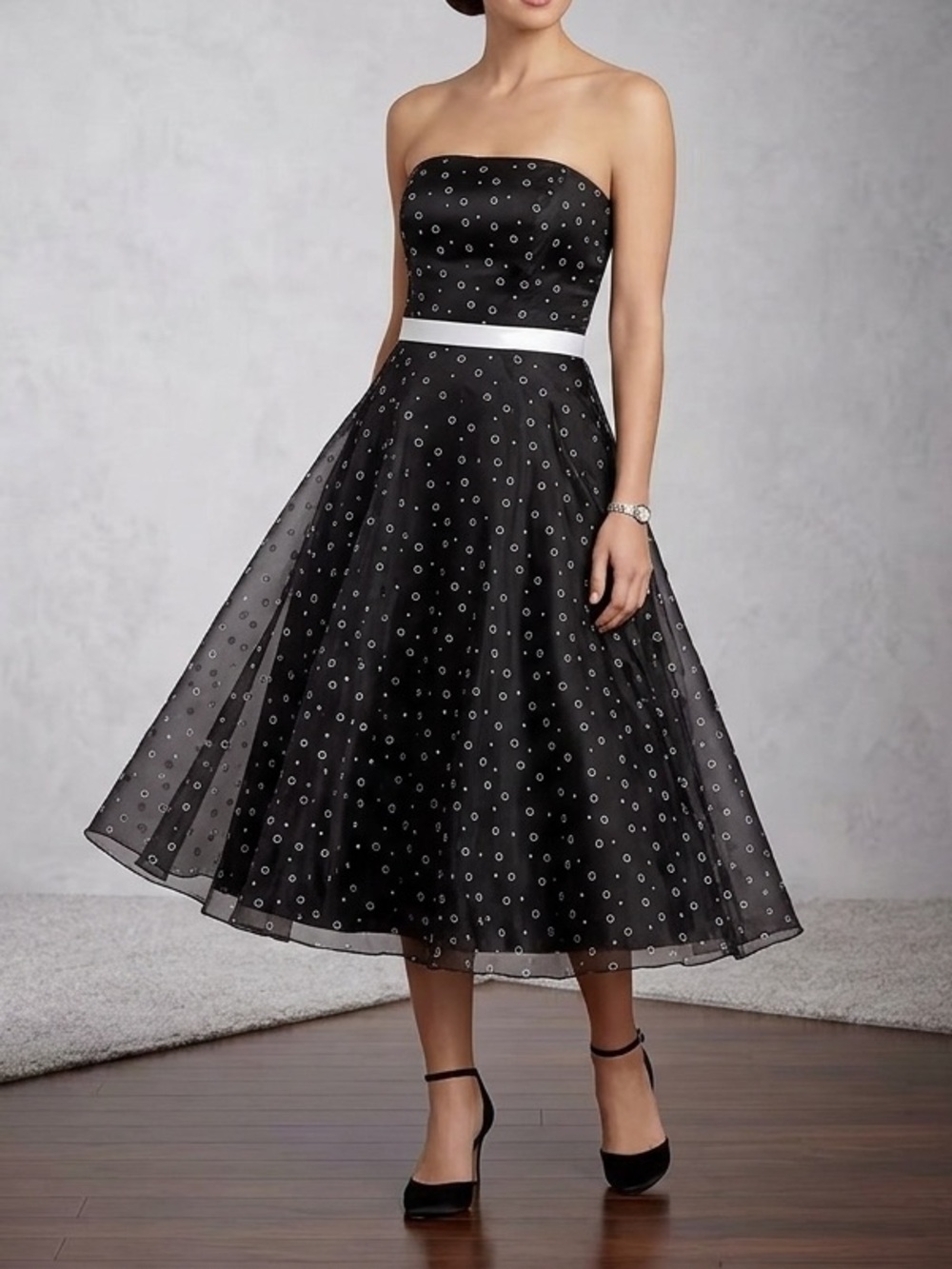 ABS Evening Allen Schwartz Party Dress size 12 Embroidered Dots Strapless flowy